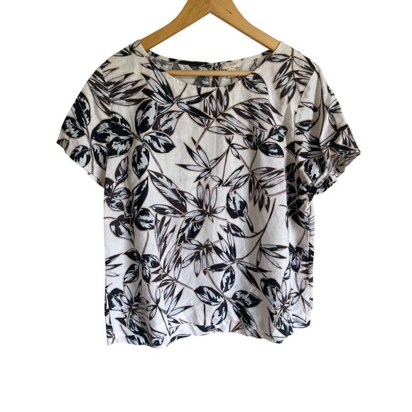 J. Crew Factory Size XL Linen Blend Leaf Print Top White Black F1172 - Picture 1 of 7